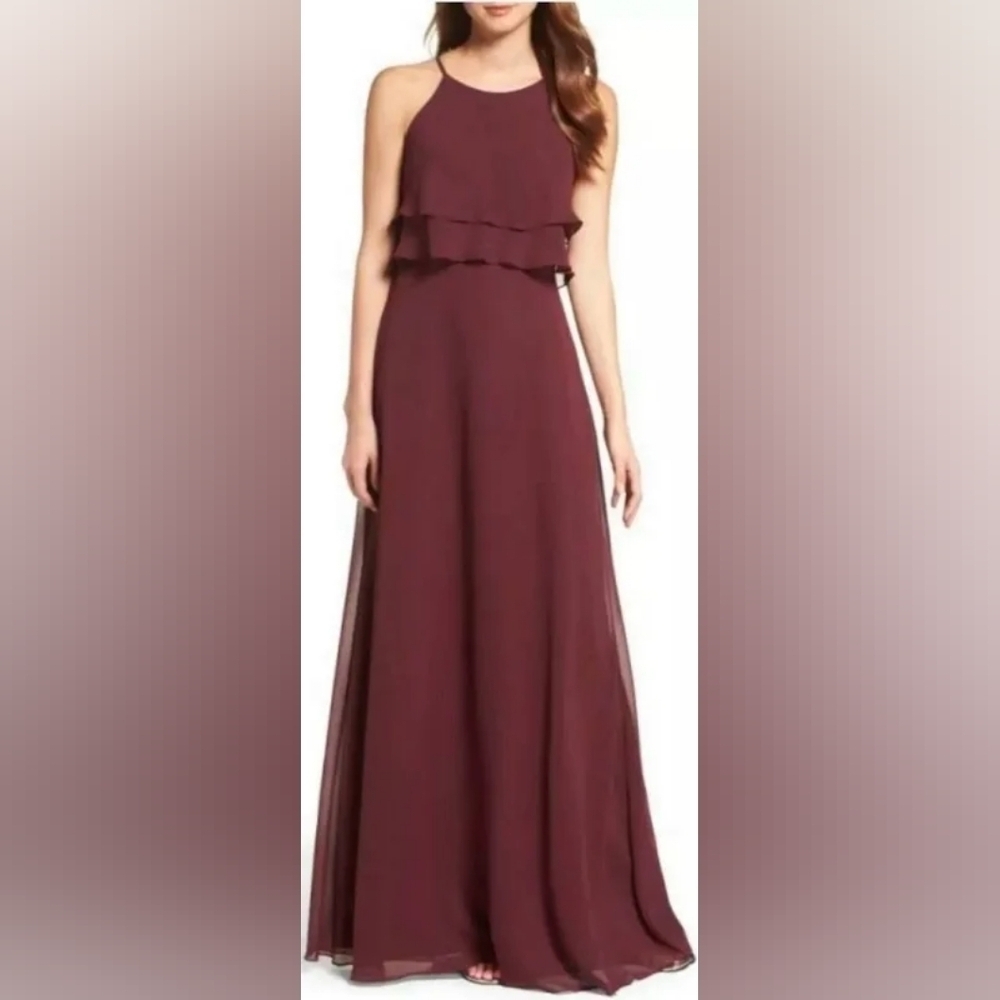 Jenny Yoo Charlie Tiered Ruffle Chiffon High-Neck Maxi Bridesmaid Gown In Merlot